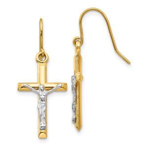 3D Hollow Crucifix Dangle Earrings in 14k Two Tone Gold